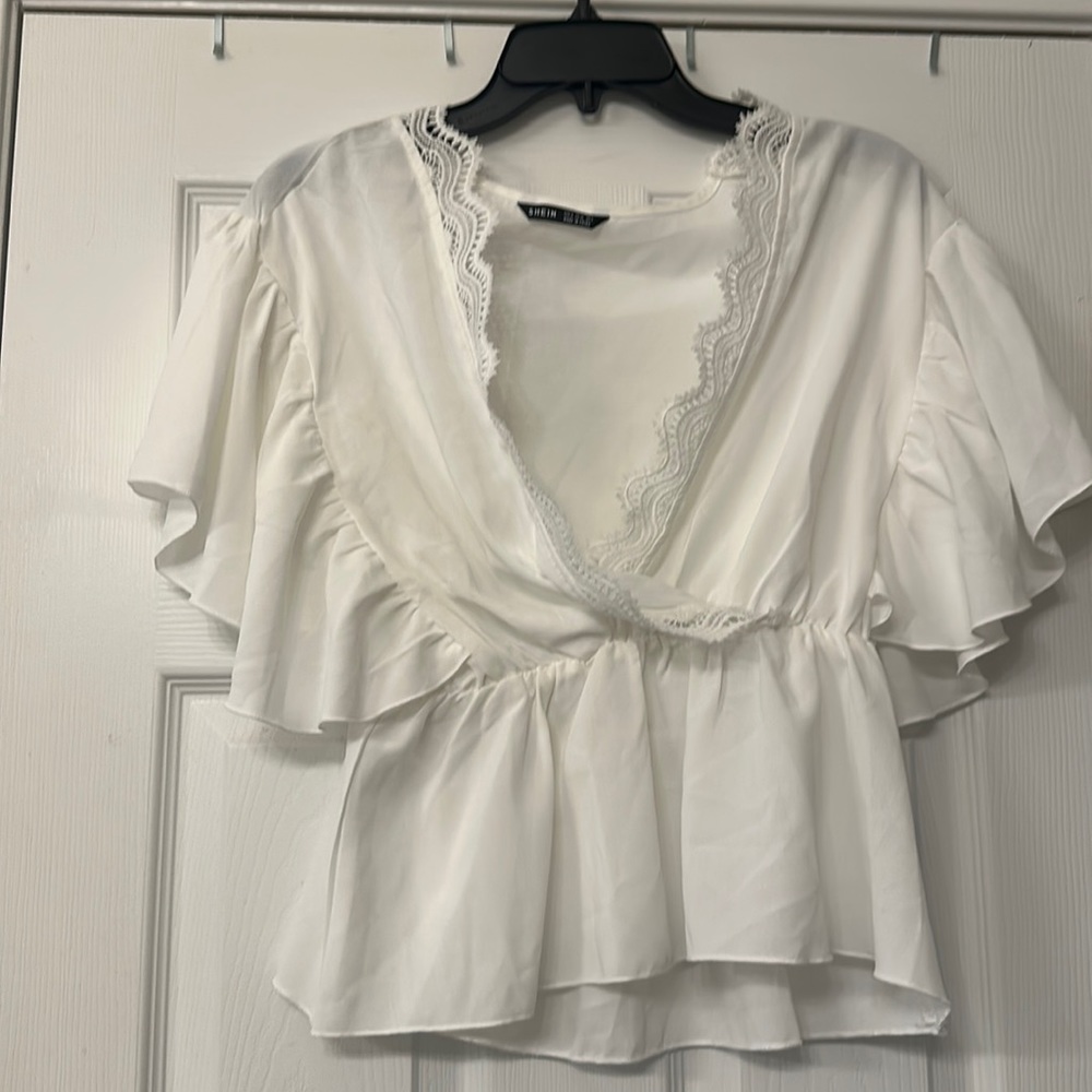 White Ruffle & Lace Trimmed Wrap/Peplum Style Top - SHEIN